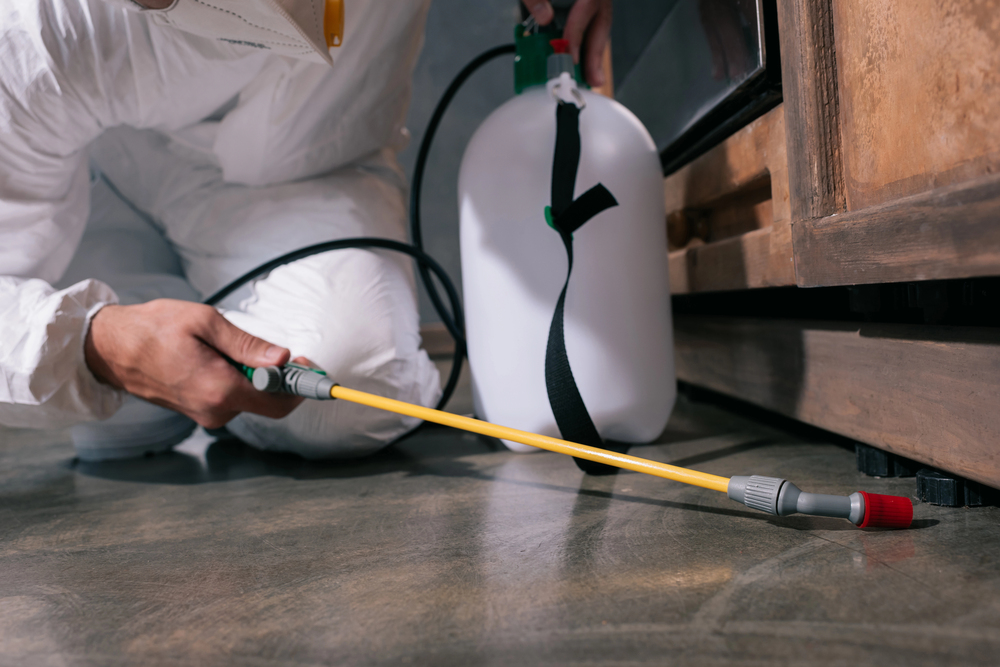 A person in protective coveralls sprays pesticide with a handheld sprayer near the base of a wooden cabinet on a concrete floor, illustrating effective residential and commercial pest control services.